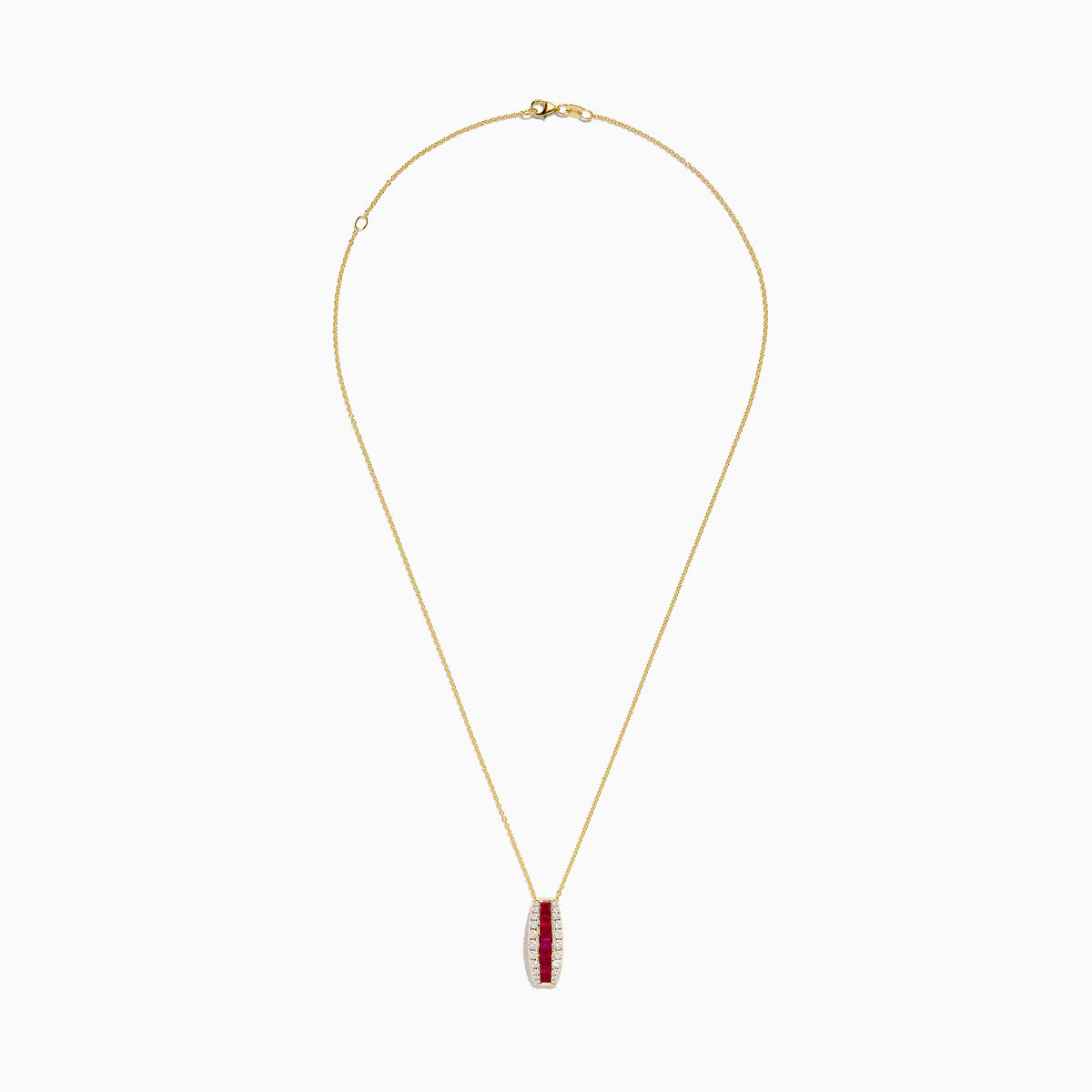 The Ruby Royale 14K Yellow Gold Ruby and Diamond Pendant features a gold chain necklace with a vertical pendant set with a central row of rubies and two rows of sparkling diamonds.
