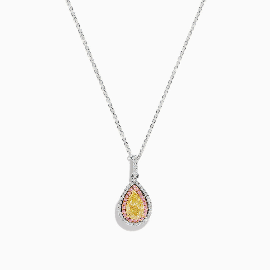 An 18K three tone gold necklace with a pear-shaped yellow diamond pendant, accented by a pink diamond halo.