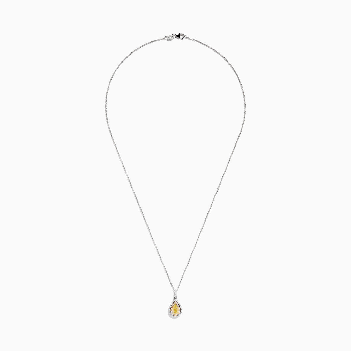 An 18K three tone gold necklace with a pear-shaped yellow diamond pendant, accented by a pink diamond halo.
