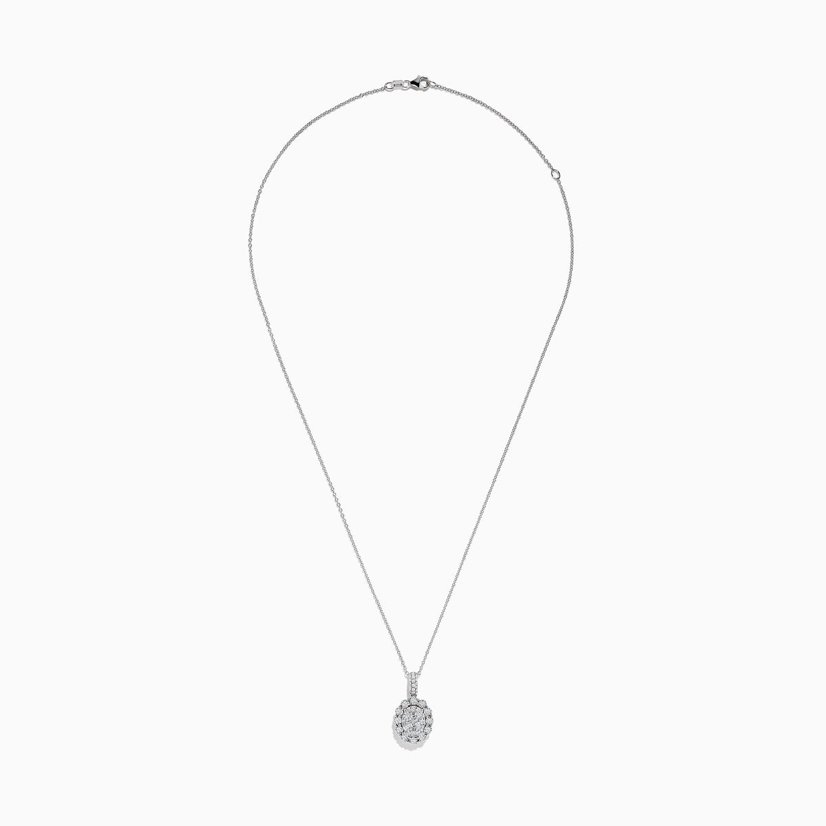 The Bouquet 14K White Gold Oval Diamond Pendant showcases an oval diamond encrusted with sparkling stones and a halo of round diamonds, elegantly displayed on a plain white background.