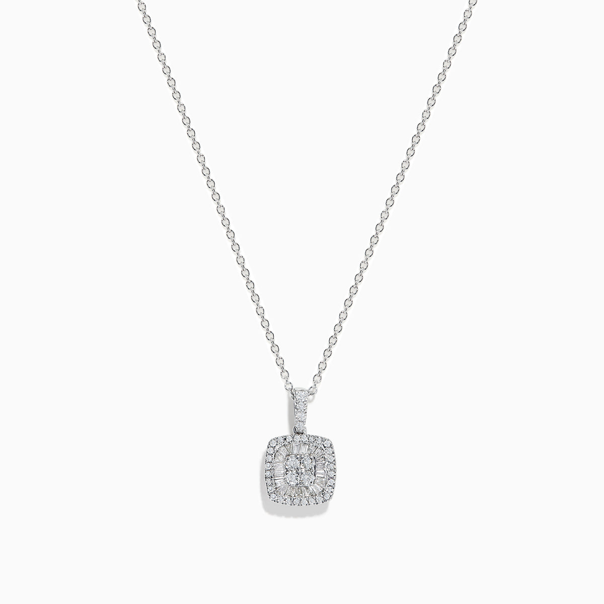 The Classique 14K White Gold Diamond Pendant (0.31 TCW) features a thin chain and a square-shaped, diamond-encrusted pendant, beautifully displayed against a plain white background.