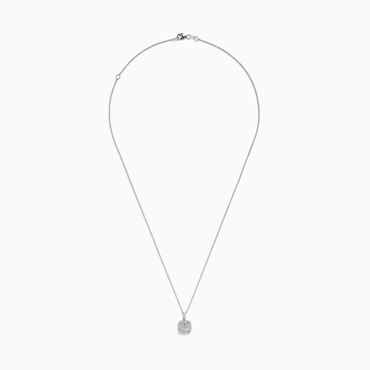 The Classique 14K White Gold Diamond Pendant (0.31 TCW) features a thin chain and a square-shaped, diamond-encrusted pendant, beautifully displayed against a plain white background.