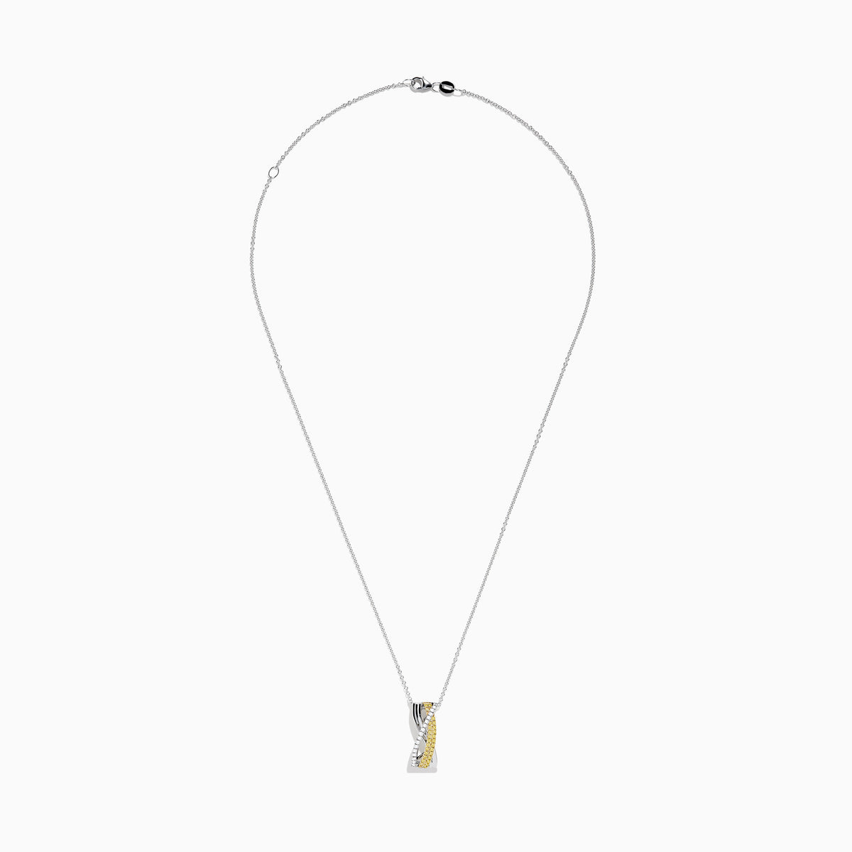 A delicate silver chain showcases the Canare 14K Two-Tone Gold Yellow and White Diamond Pendant, featuring two intertwined bands—one with yellow and white diamonds—set against a plain white background.