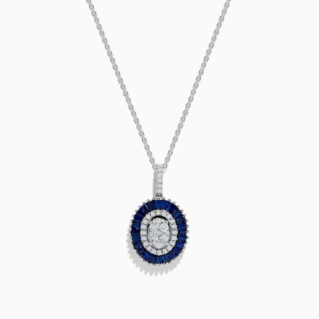 The Royal Bleu 14K White Gold Sapphire and Diamond Pendant features an oval diamond cluster surrounded by sapphires and an outer row of sparkling diamonds.