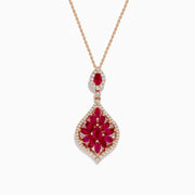 The Ruby Royale 14K Rose Gold Ruby and Diamond Pendant features red marquise-cut rubies in a floral design, bordered by sparkling diamonds, and hangs from a delicate rose gold chain.
