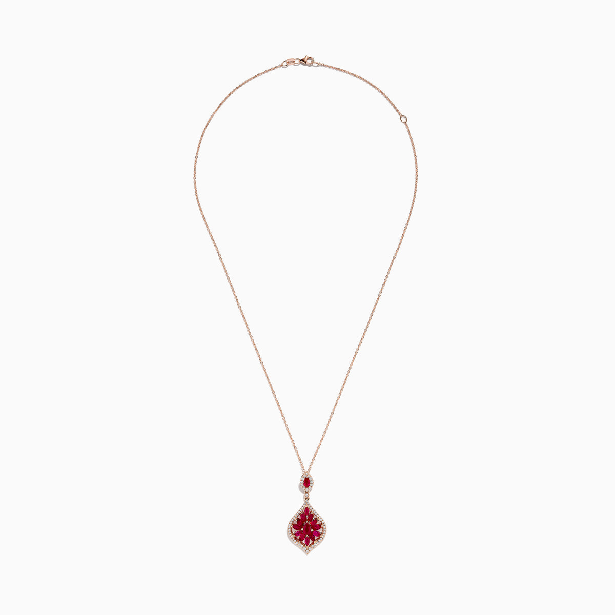 The Ruby Royale 14K Rose Gold Ruby and Diamond Pendant features red marquise-cut rubies in a floral design, bordered by sparkling diamonds, and hangs from a delicate rose gold chain.