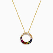 The Watercolors 14K Yellow Gold Multi Sapphire and Diamond Circle Pendant features a rainbow sapphire design with diamond accents—an elegant twist on the classic circle pendant style.