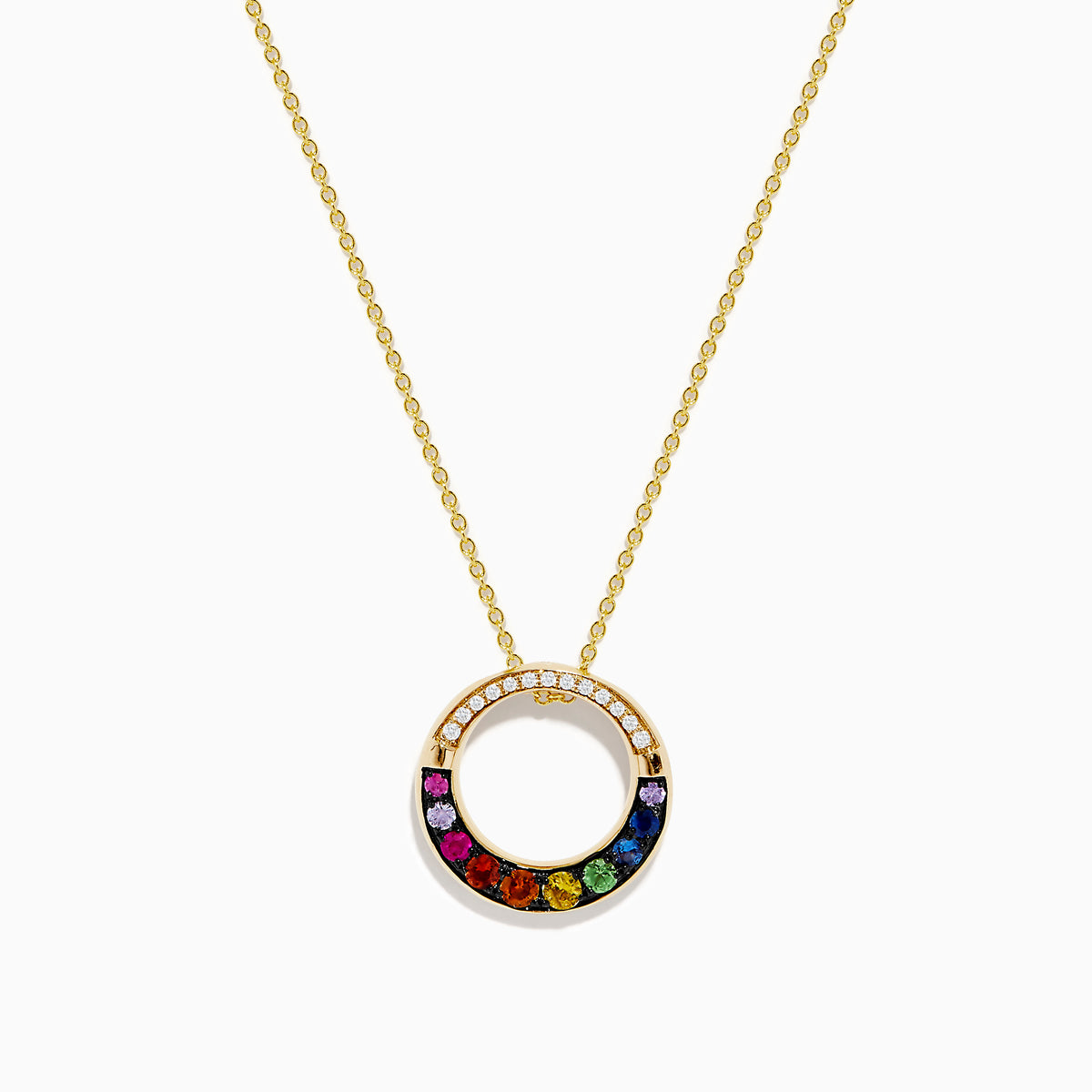 The Watercolors 14K Yellow Gold Multi Sapphire and Diamond Circle Pendant features a rainbow sapphire design with diamond accents—an elegant twist on the classic circle pendant style.