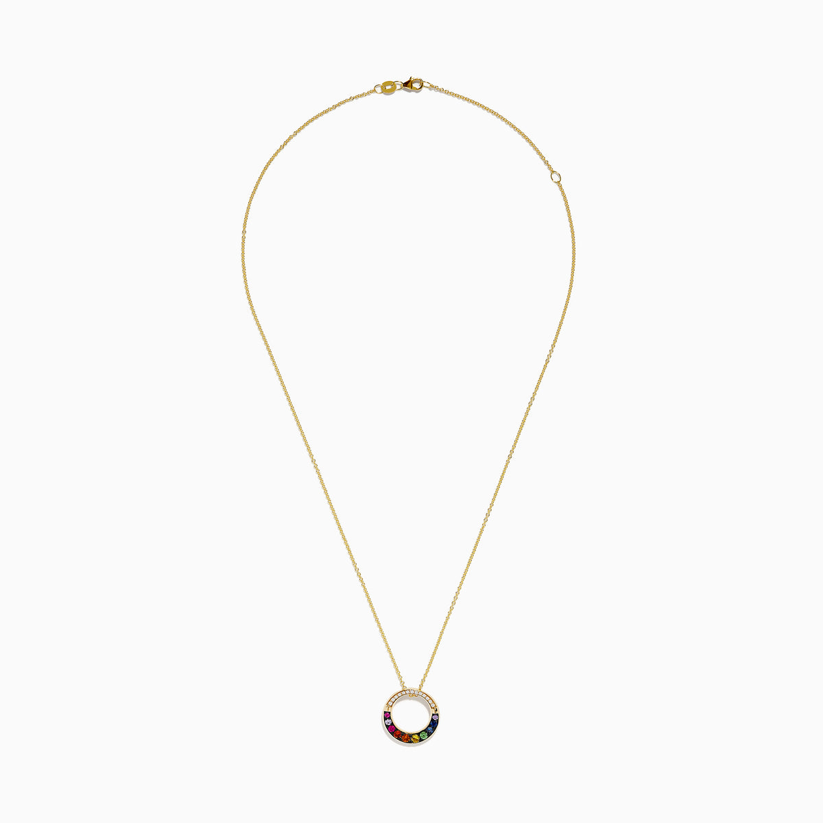 The Watercolors 14K Yellow Gold Multi Sapphire and Diamond Circle Pendant features a rainbow sapphire design with diamond accents—an elegant twist on the classic circle pendant style.