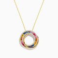 The Watercolors 14K Yellow Gold Multi Sapphire and Diamond Circle Pendant features interlocking circles with blue, pink, yellow, and white sapphires and diamonds on a delicate gold chain, shown against a white background.