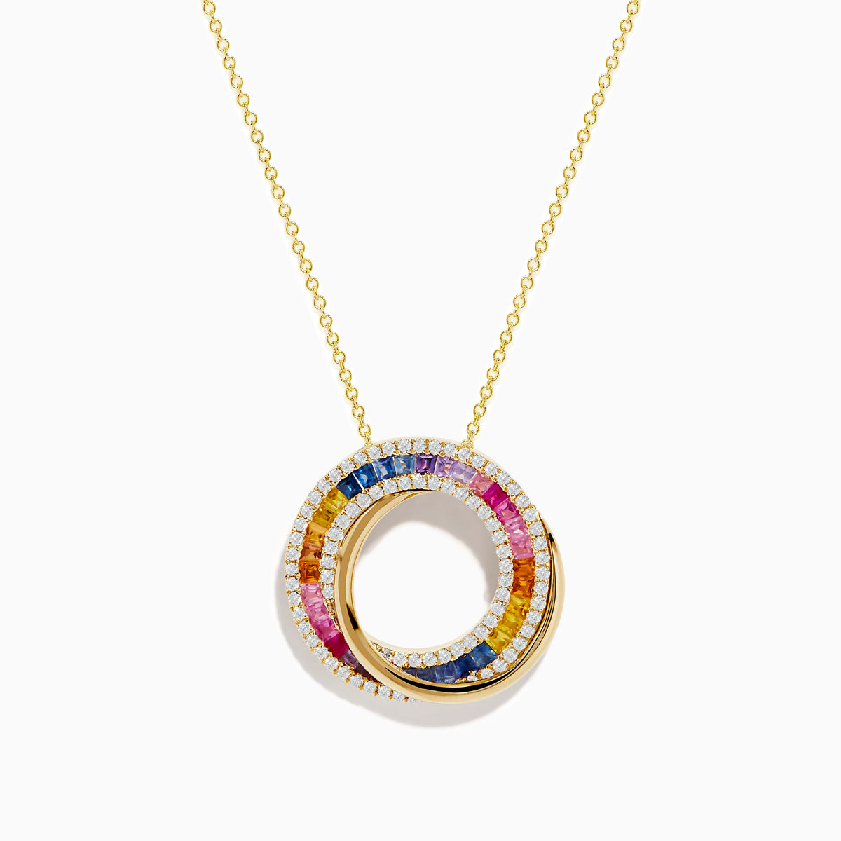 The Watercolors 14K Yellow Gold Multi Sapphire and Diamond Circle Pendant features interlocking circles with blue, pink, yellow, and white sapphires and diamonds on a delicate gold chain, shown against a white background.