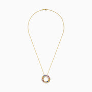 The Watercolors 14K Yellow Gold Multi Sapphire and Diamond Circle Pendant features interlocking circles with blue, pink, yellow, and white sapphires and diamonds on a delicate gold chain, shown against a white background.