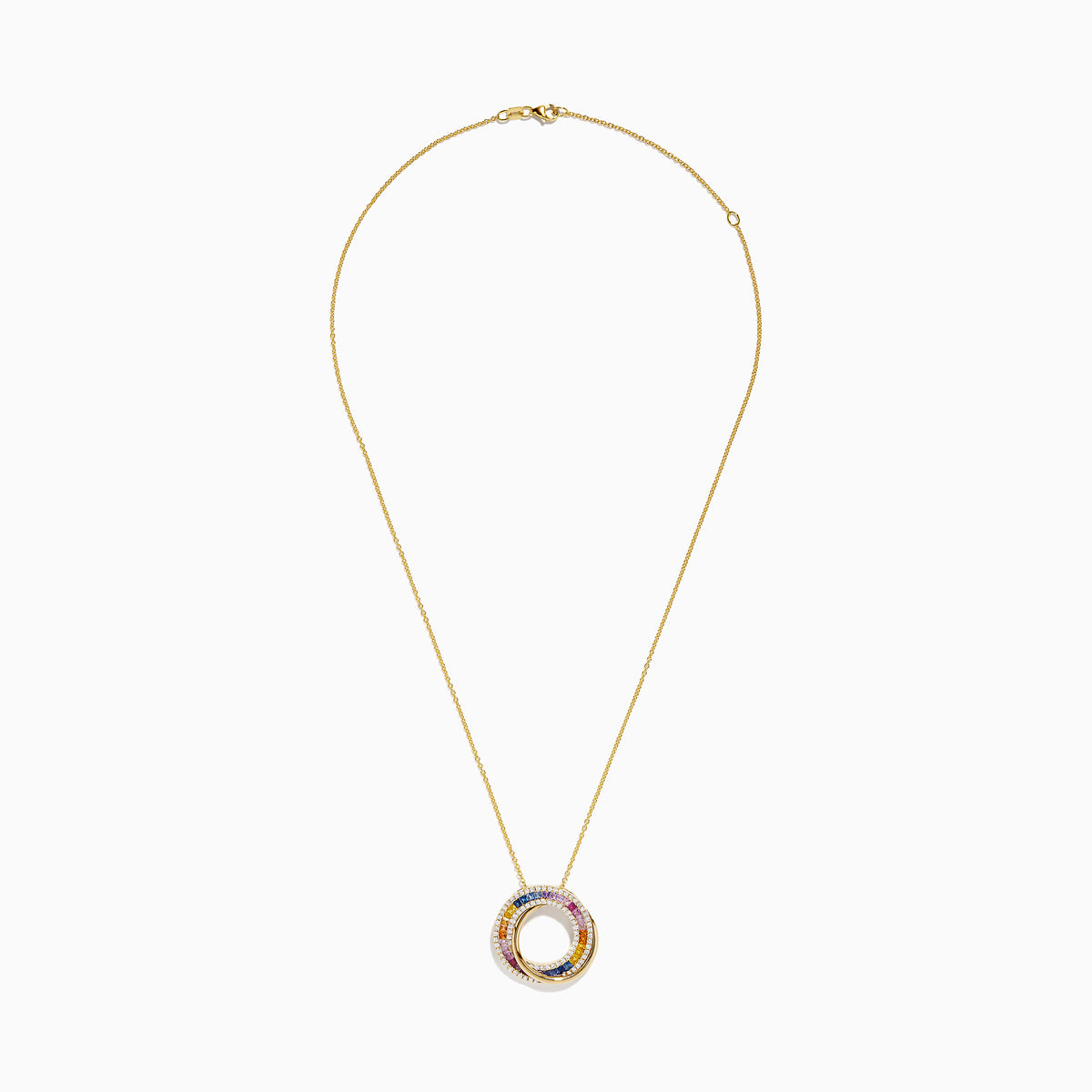 The Watercolors 14K Yellow Gold Multi Sapphire and Diamond Circle Pendant features interlocking circles with blue, pink, yellow, and white sapphires and diamonds on a delicate gold chain, shown against a white background.