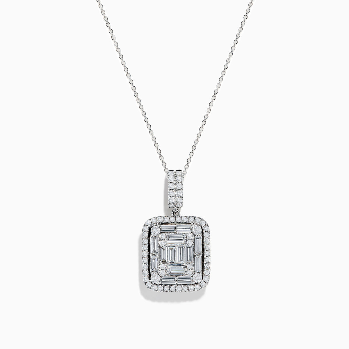 A delicate Classique 14K White Gold Diamond Pendant featuring a square design with baguette and round-cut diamonds in a geometric pattern, suspended from a fine chain.