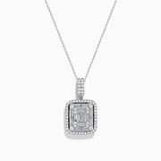 A delicate Classique 14K White Gold Diamond Pendant featuring a square design with baguette and round-cut diamonds in a geometric pattern, suspended from a fine chain.