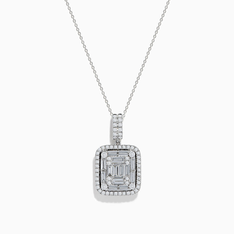 A delicate Classique 14K White Gold Diamond Pendant featuring a square design with baguette and round-cut diamonds in a geometric pattern, suspended from a fine chain.