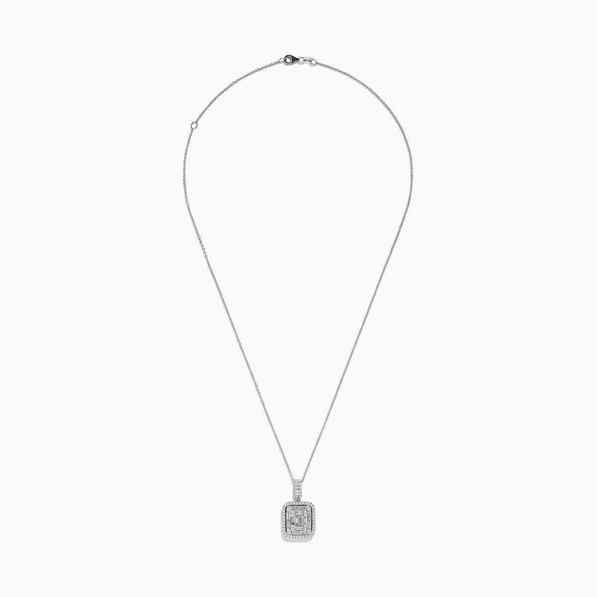 A delicate Classique 14K White Gold Diamond Pendant featuring a square design with baguette and round-cut diamonds in a geometric pattern, suspended from a fine chain.