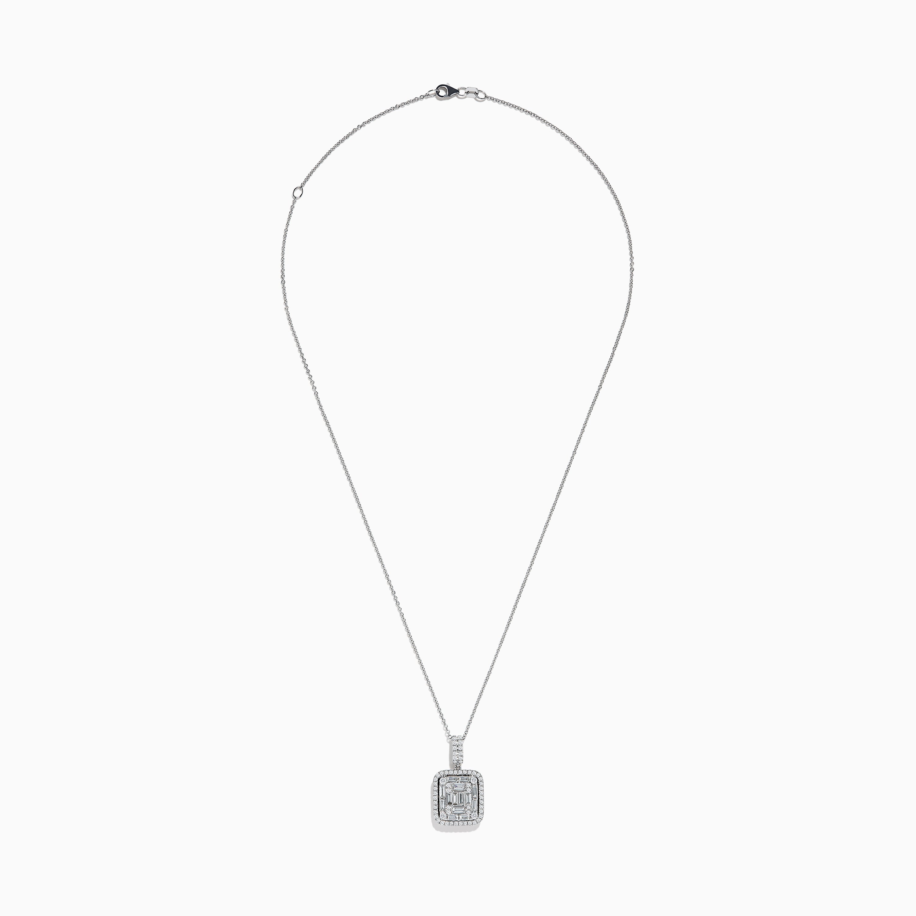 A delicate Classique 14K White Gold Diamond Pendant featuring a square design with baguette and round-cut diamonds in a geometric pattern, suspended from a fine chain.