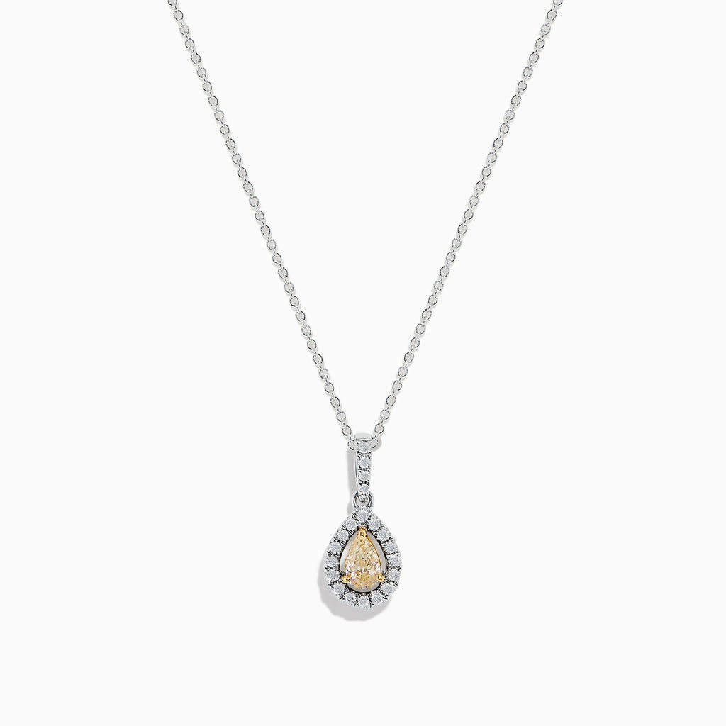 The Canare 18K Two-Tone Gold Teardrop Pendant features a yellow diamond, white diamonds, and a single clear stone above, all elegantly set and hanging from a fine chain.