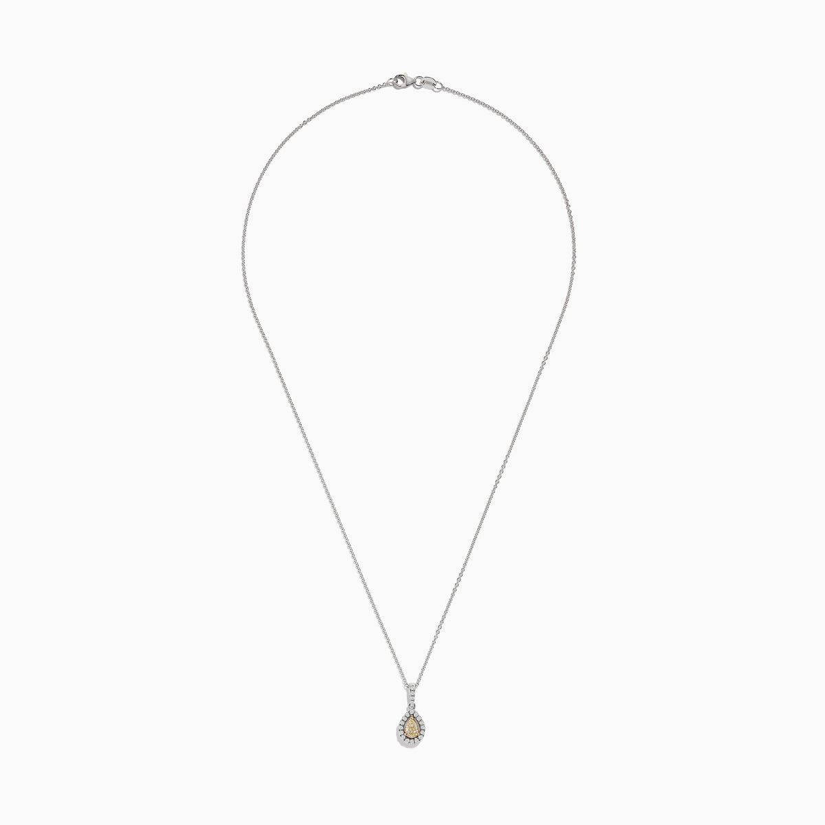 The Canare 18K Two-Tone Gold Teardrop Pendant features a yellow diamond, white diamonds, and a single clear stone above, all elegantly set and hanging from a fine chain.
