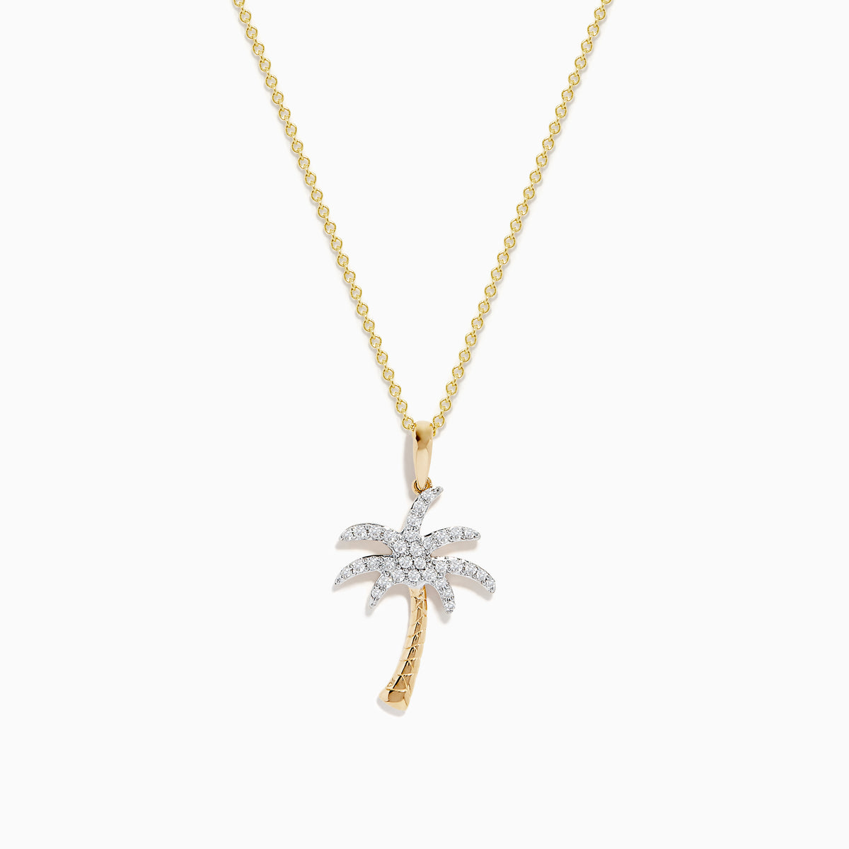 The 14K Yellow Gold Diamond Palm Tree Pendant features a delicate chain and sparkling white stones, combining gold and silver tones for an elegant, eye-catching look.