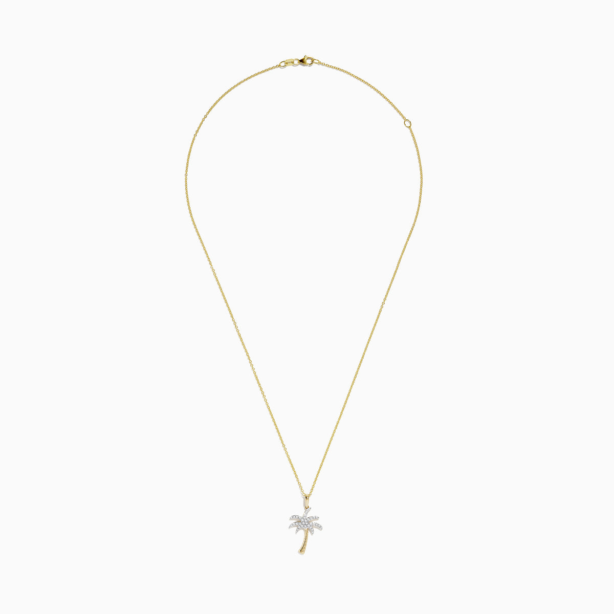 The 14K Yellow Gold Diamond Palm Tree Pendant features a delicate chain and sparkling white stones, combining gold and silver tones for an elegant, eye-catching look.