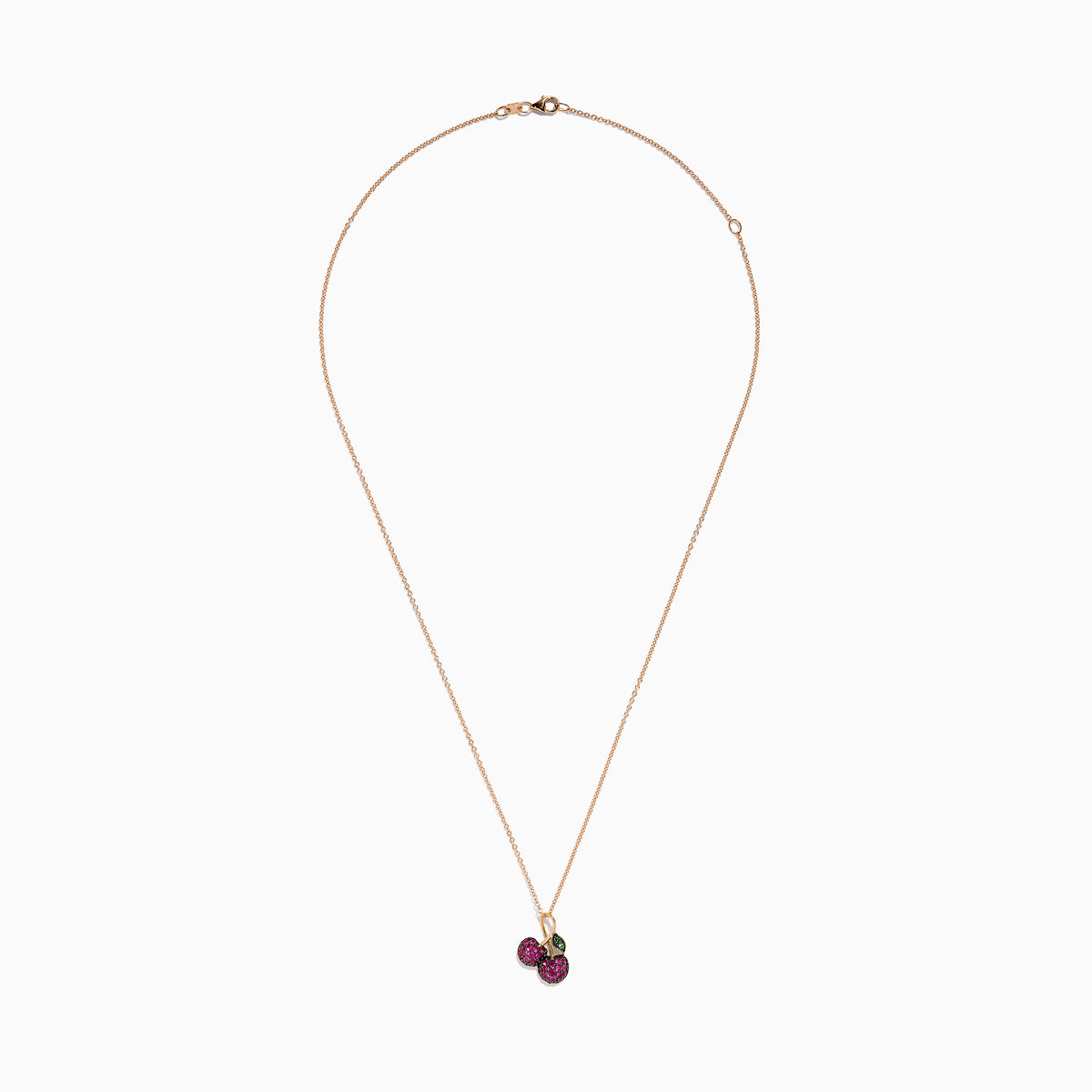 The 14K Rose Gold Ruby and Tsavorite Pavé Double Cherries Pendant features two round ruby pavé cherries and a sparkling tsavorite leaf accent on a delicate rose gold necklace.