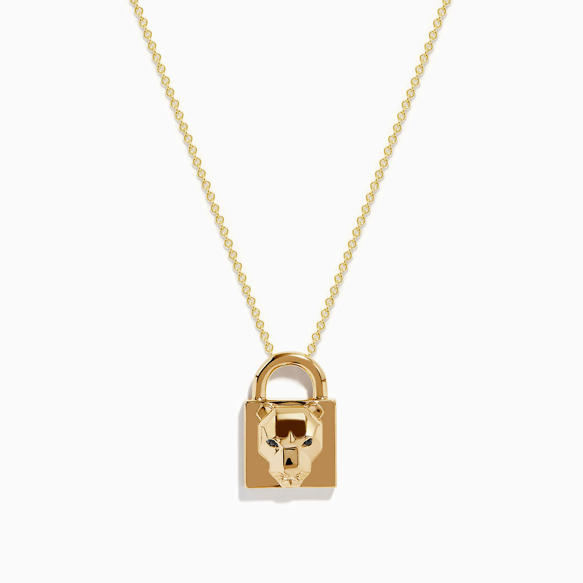 The Signature 14K Yellow Gold Black Diamond Lock Pendant features a padlock-shaped pendant with a sculpted animal face and black diamond accents, hanging from a delicate yellow gold chain on a white background.