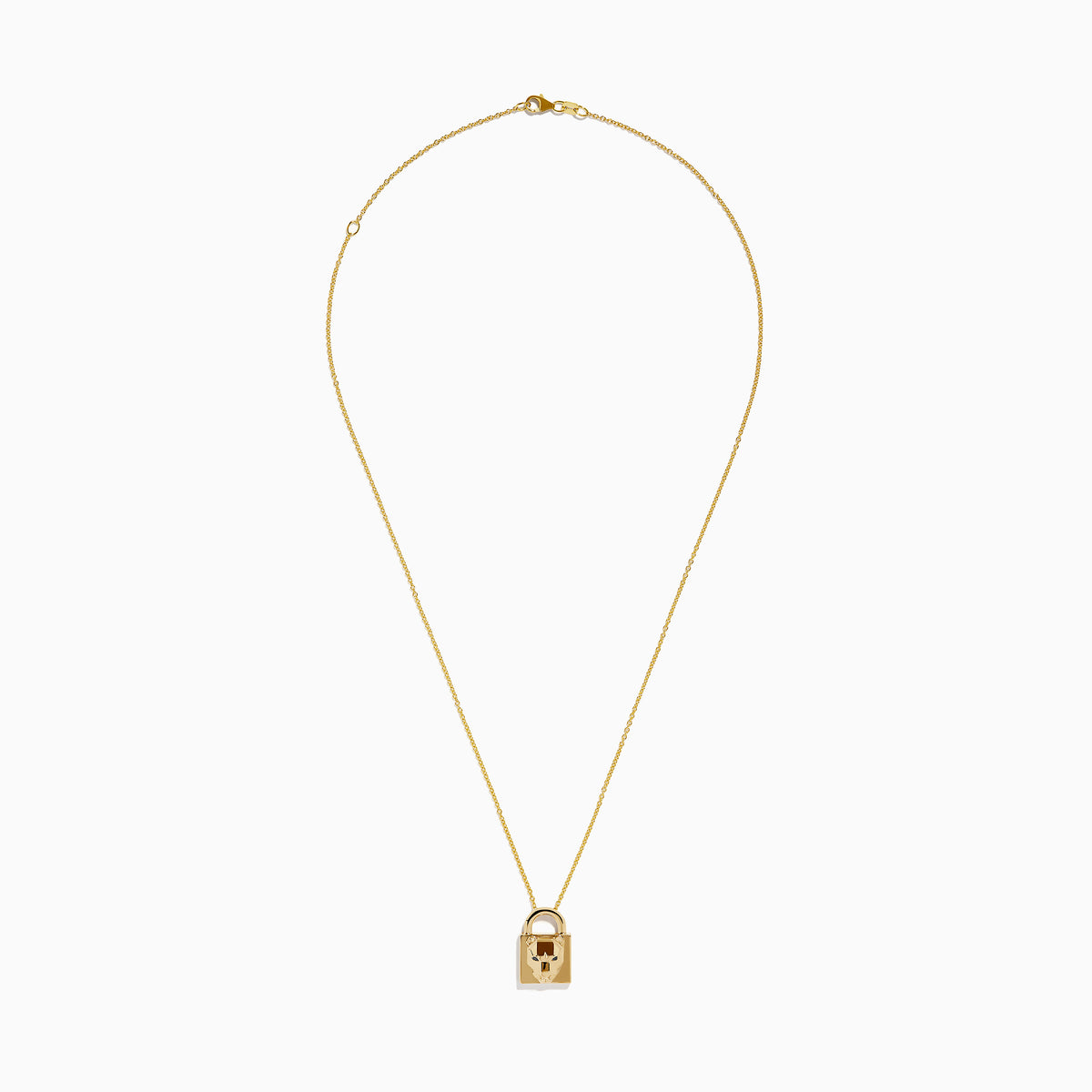 The Signature 14K Yellow Gold Black Diamond Lock Pendant features a padlock-shaped pendant with a sculpted animal face and black diamond accents, hanging from a delicate yellow gold chain on a white background.