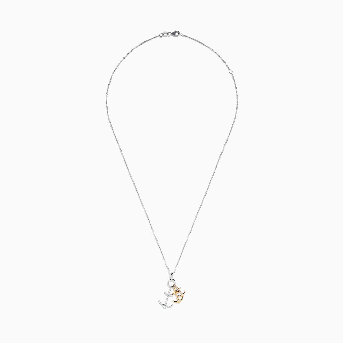 The Seaside 14K 3 Color Gold Diamond 3 Anchor Pendant showcases three anchor charms—one adorned with diamonds—crafted in tri-color gold, all suspended together in an elegant design.