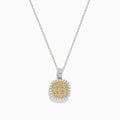 The Canare 14K Two-Tone Gold Cushion Shaped Cluster Yellow Diamond Pendant showcases a cushion cluster of yellow diamonds surrounded by a sparkling halo of white diamonds.