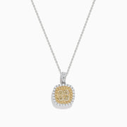 The Canare 14K Two-Tone Gold Cushion Shaped Cluster Yellow Diamond Pendant showcases a cushion cluster of yellow diamonds surrounded by a sparkling halo of white diamonds.