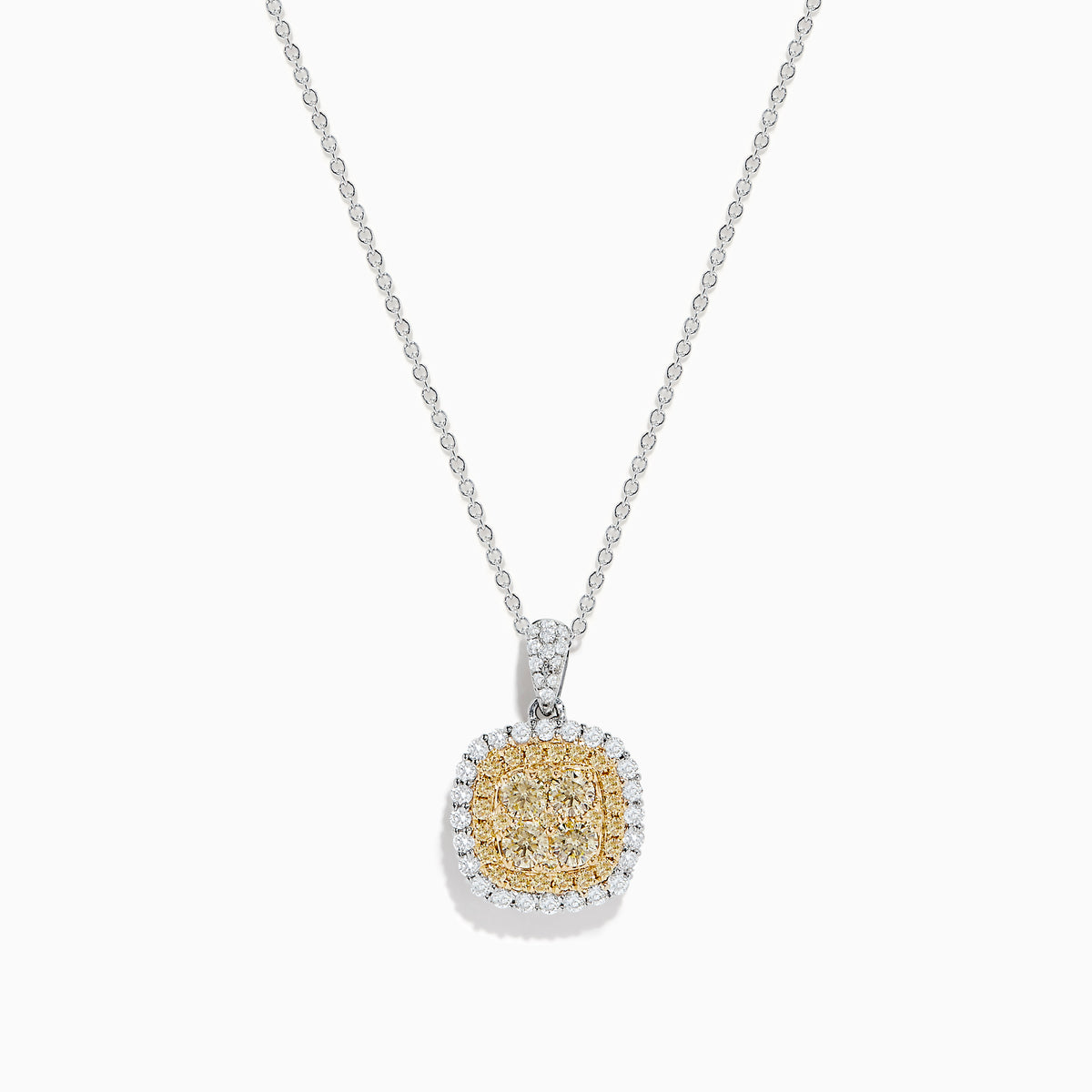 The Canare 14K Two-Tone Gold Cushion Shaped Cluster Yellow Diamond Pendant showcases a cushion cluster of yellow diamonds surrounded by a sparkling halo of white diamonds.