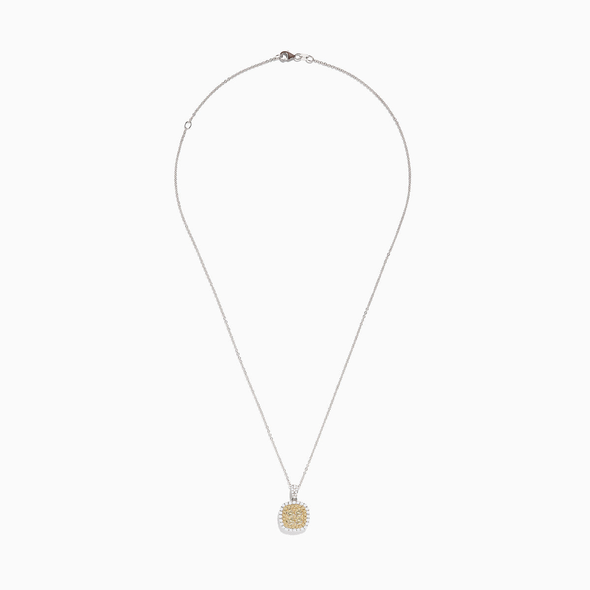 The Canare 14K Two-Tone Gold Cushion Shaped Cluster Yellow Diamond Pendant showcases a cushion cluster of yellow diamonds surrounded by a sparkling halo of white diamonds.
