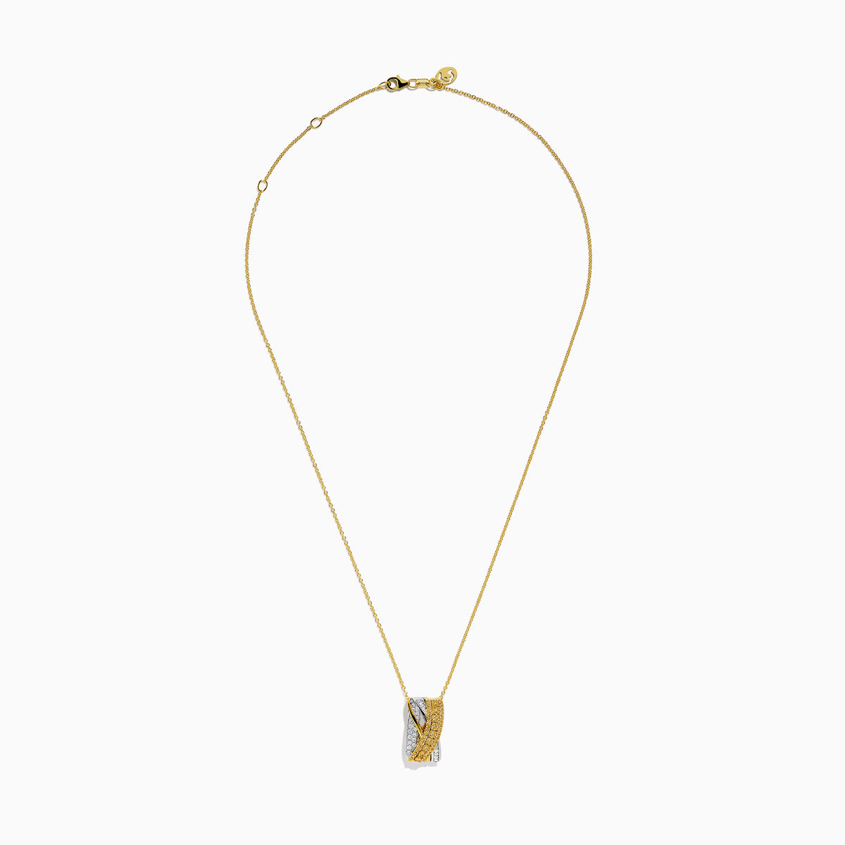 The 14K Two Tone Gold Yellow and White Diamond Pave Crossover Pendant features intertwined yellow and white gold bands, both encrusted with sparkling diamonds, suspended from a classic gold chain necklace.
