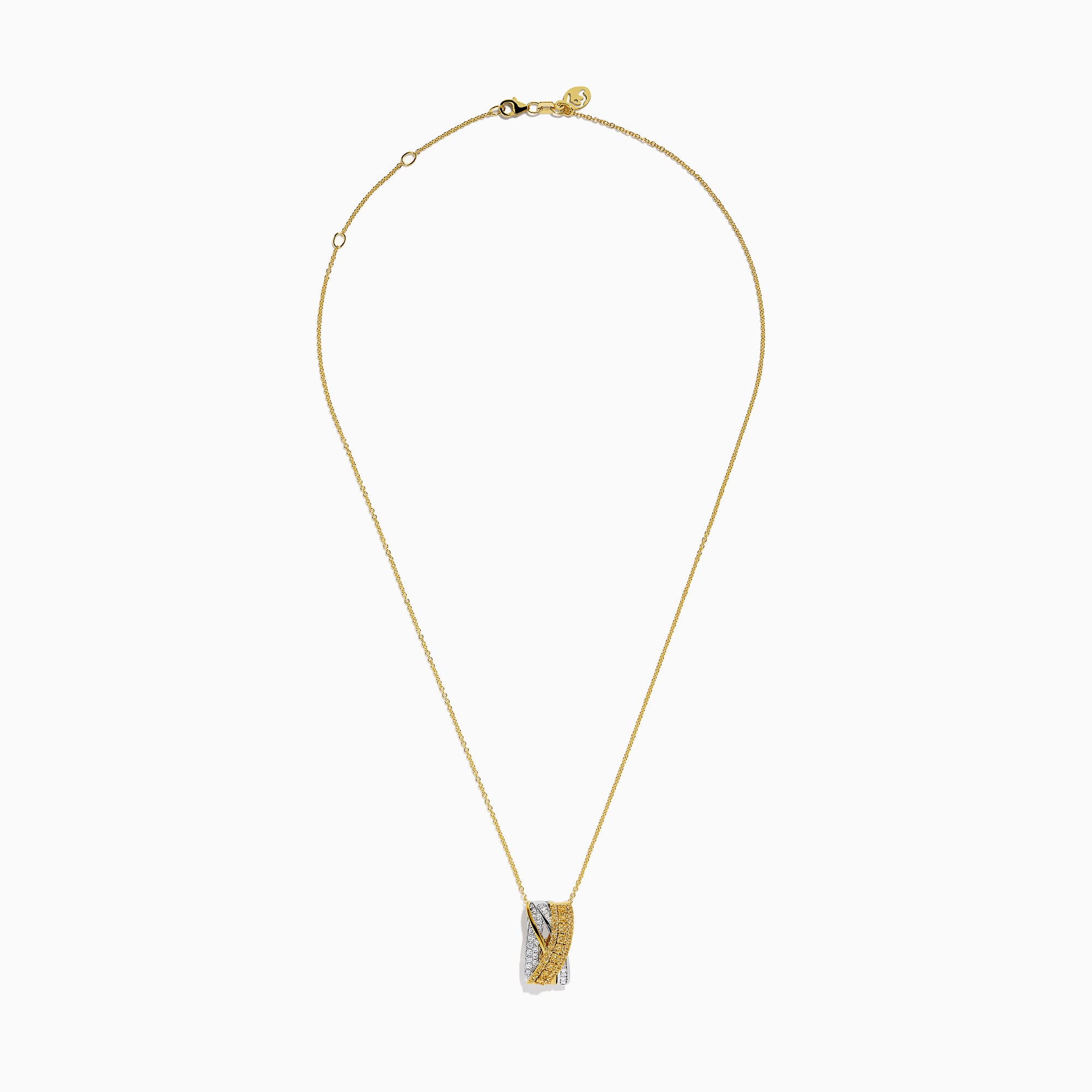The 14K Two Tone Gold Yellow and White Diamond Pave Crossover Pendant features intertwined yellow and white gold bands, both encrusted with sparkling diamonds, suspended from a classic gold chain necklace.