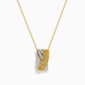 The 14K Two Tone Gold Yellow and White Diamond Pave Crossover Pendant features intertwined yellow and white gold bands, both encrusted with sparkling diamonds, suspended from a classic gold chain necklace.