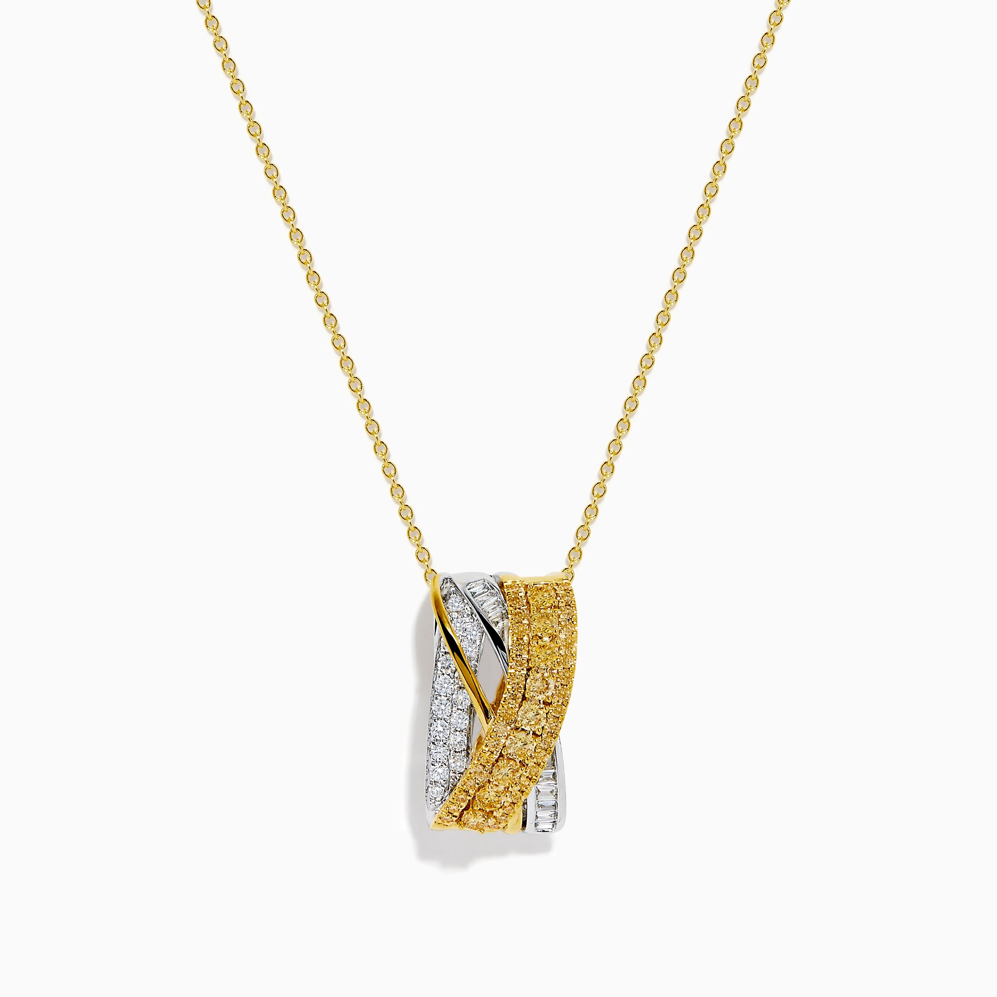 The 14K Two Tone Gold Yellow and White Diamond Pave Crossover Pendant features intertwined yellow and white gold bands, both encrusted with sparkling diamonds, suspended from a classic gold chain necklace.