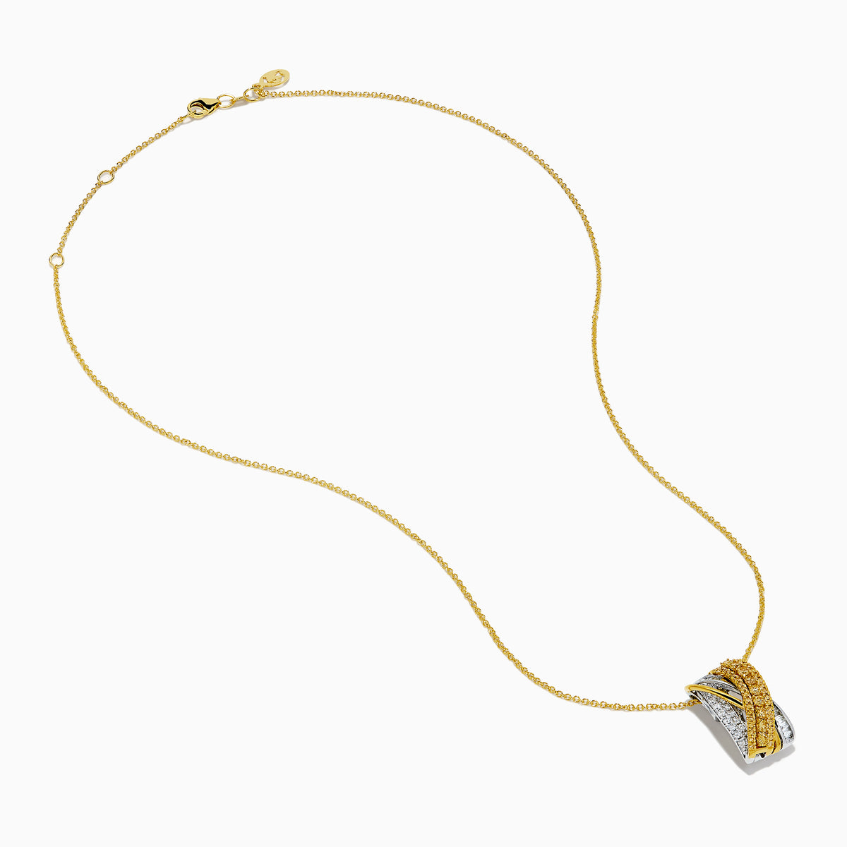The 14K Two Tone Gold Yellow and White Diamond Pave Crossover Pendant features intertwined yellow and white gold bands, both encrusted with sparkling diamonds, suspended from a classic gold chain necklace.