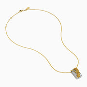 The 14K Two Tone Gold Yellow and White Diamond Pave Crossover Pendant features intertwined yellow and white gold bands, both encrusted with sparkling diamonds, suspended from a classic gold chain necklace.