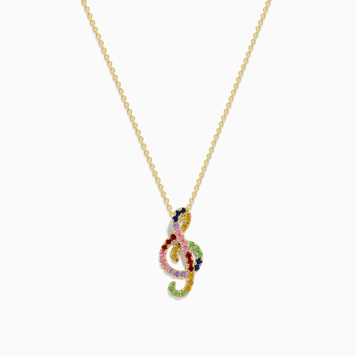The Novelty 14K Yellow Gold Multi Sapphire Tsavorite Treble Clef Pendant is showcased on a plain white background.