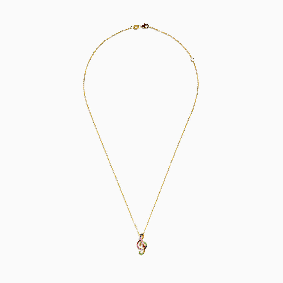 The Novelty 14K Yellow Gold Multi Sapphire Tsavorite Treble Clef Pendant is showcased on a plain white background.
