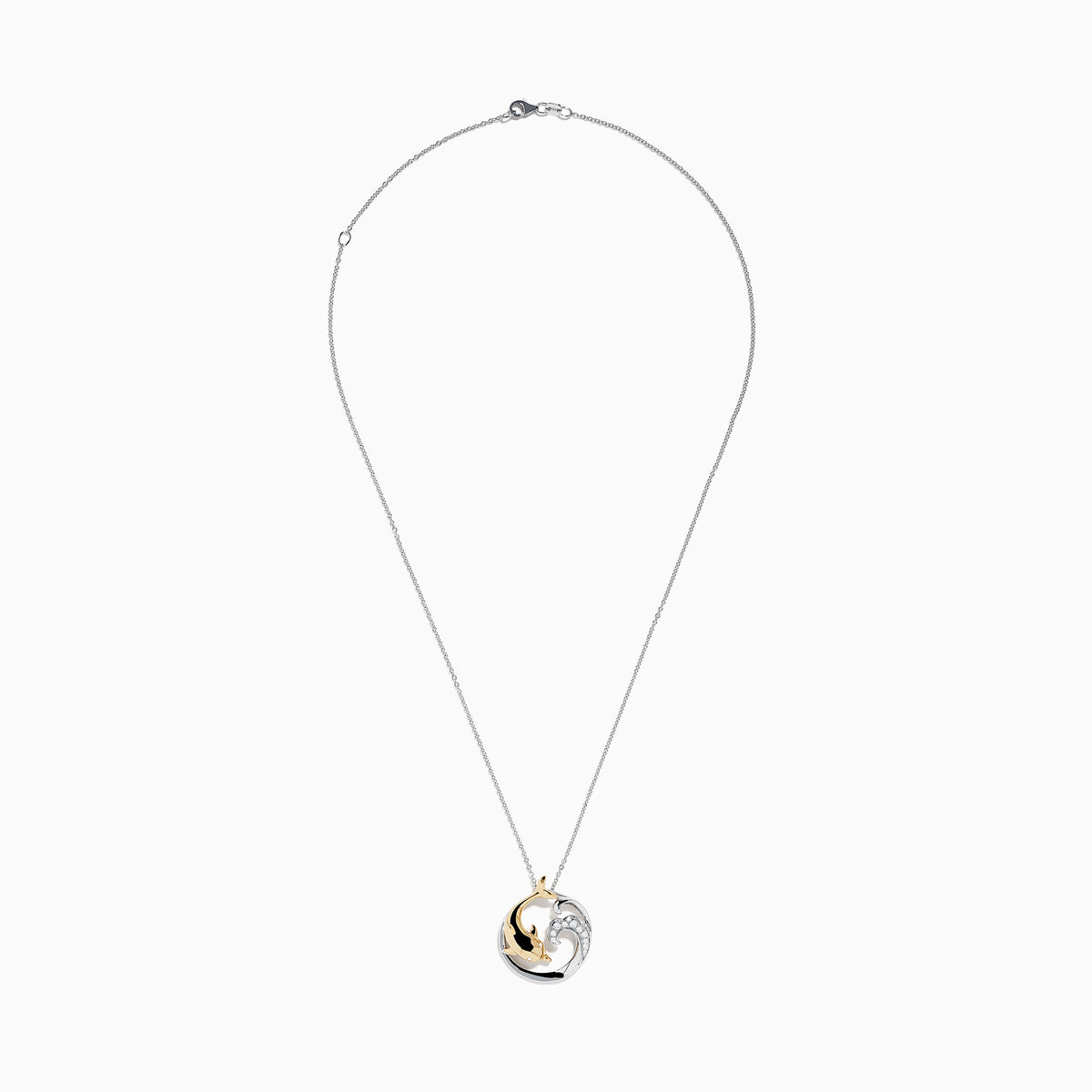 The Seaside 14K Two-Tone Gold Diamond Dolphin Pendant features a circular design with a gold dolphin, silver wave, sparkling diamonds, and hangs from a delicate silver chain displayed on a white background.
