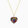 14K yellow gold necklace with a heart pendant featuring multi color sapphires—blue, pink, yellow, green—accented by white and brown diamonds for a vibrant, eye-catching look.