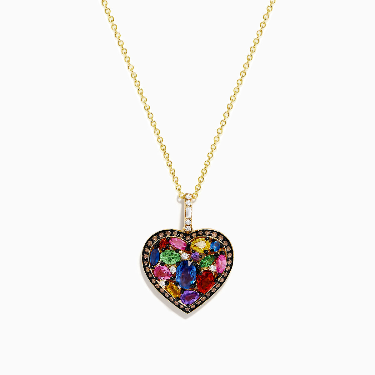 14K yellow gold necklace with a heart pendant featuring multi color sapphires—blue, pink, yellow, green—accented by white and brown diamonds for a vibrant, eye-catching look.