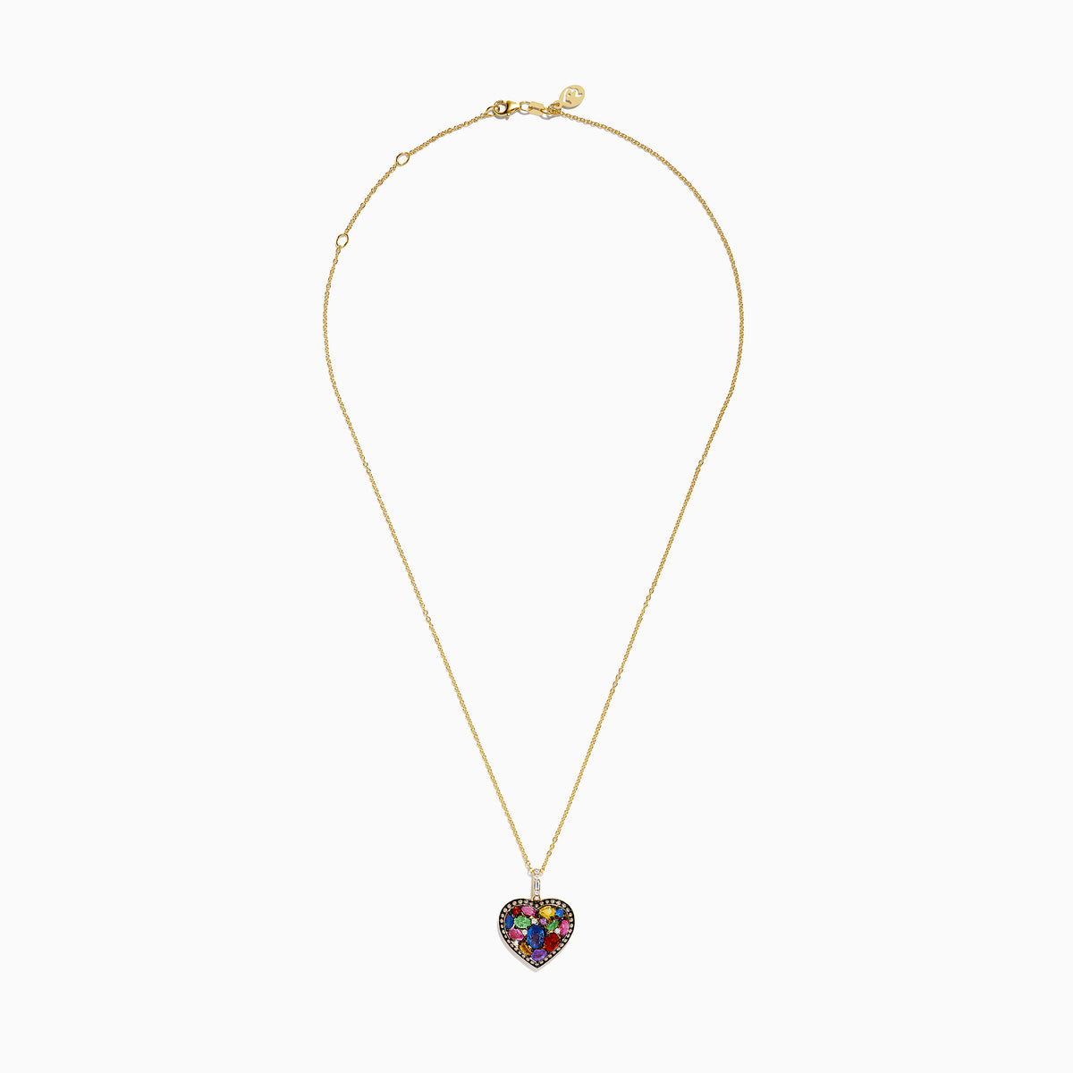 14K yellow gold necklace with a heart pendant featuring multi color sapphires—blue, pink, yellow, green—accented by white and brown diamonds for a vibrant, eye-catching look.