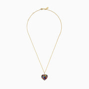 14K yellow gold necklace with a heart pendant featuring multi color sapphires—blue, pink, yellow, green—accented by white and brown diamonds for a vibrant, eye-catching look.