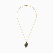 The Safari 14k Yellow Gold Multi Sapphire Peacock Pendant features a vibrant peacock design with blue, green, pink, yellow, and orange sapphire accents on a stunning gold chain necklace.