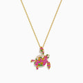 This 14K rose gold turtle pendant features pink and yellow sapphires, tsavorite, and sparkling diamonds for a dazzling look.