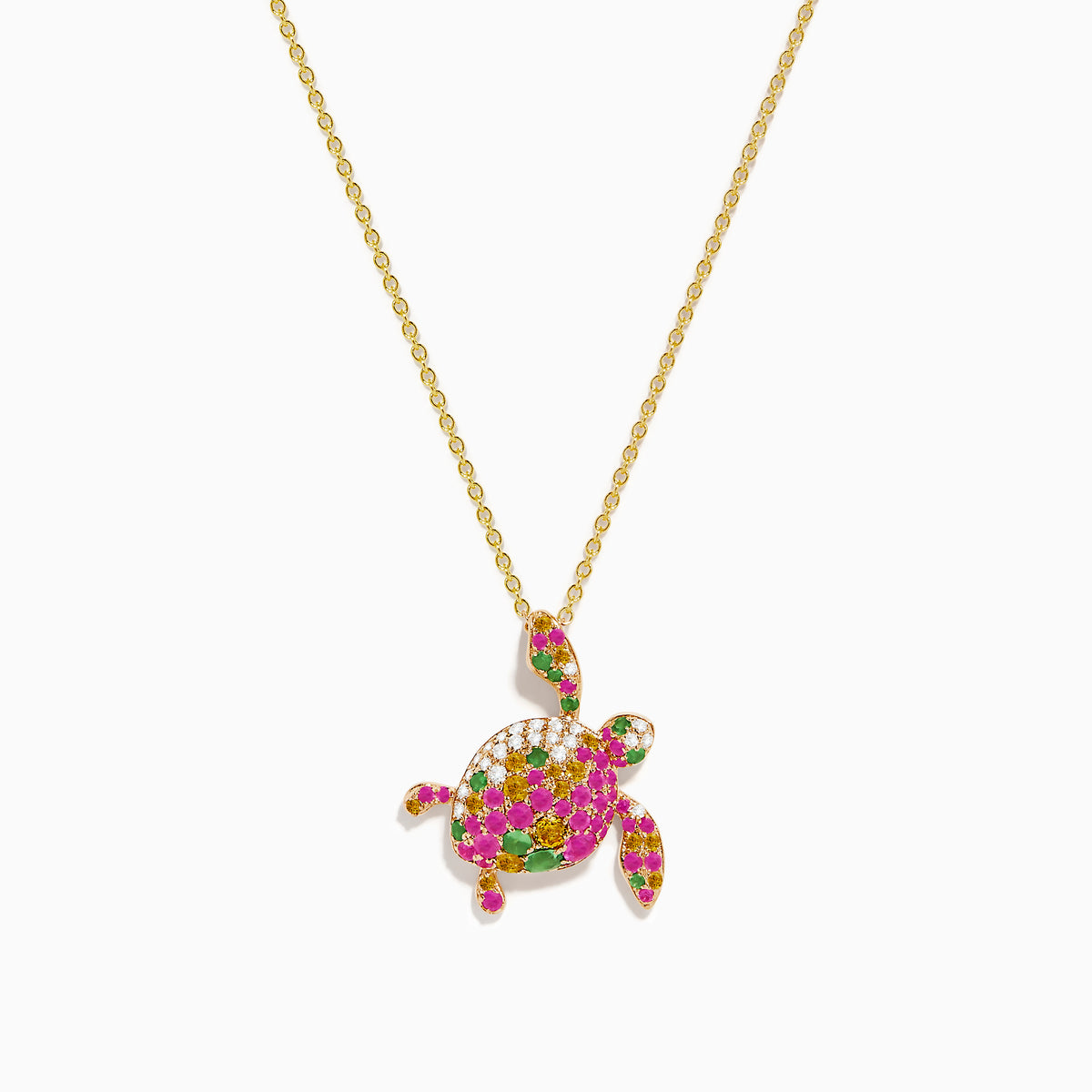 This 14K rose gold turtle pendant features pink and yellow sapphires, tsavorite, and sparkling diamonds for a dazzling look.
